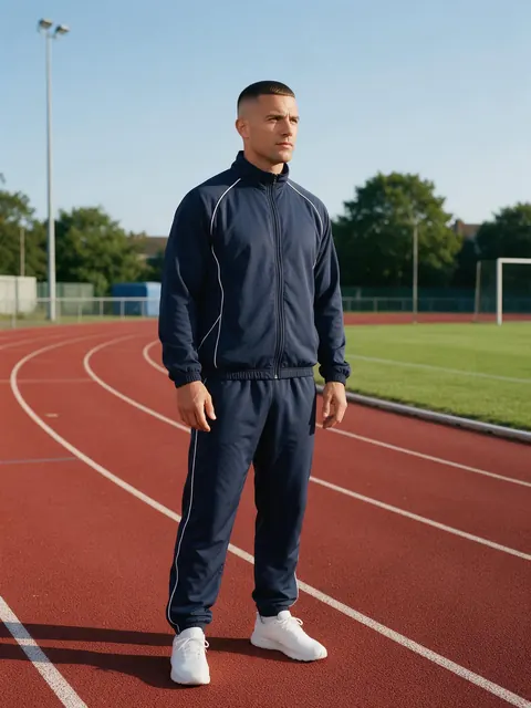 Tracksuit full body on a track: AI-generated on-model image: a fictional model in a navy tracksuit on a running track