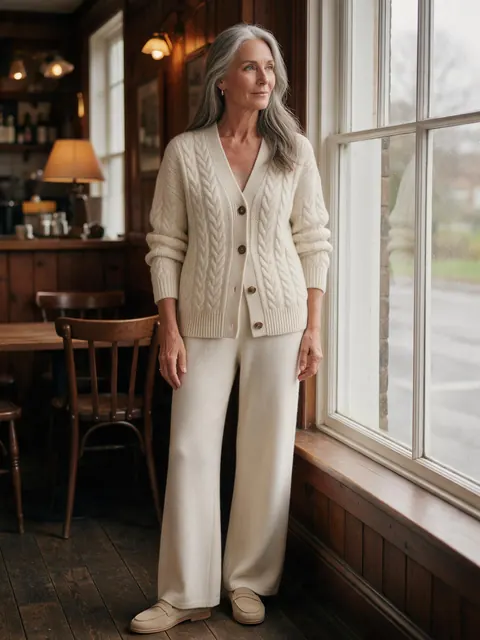 Knitted co-ord set on model: AI-generated on-model image: a fictional model in a cream knitted co-ord in a cafe