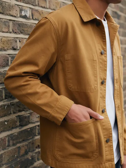 Chore jacket faceless detail: AI-generated faceless image: a fictional model's torso and hands in a canvas chore jacket