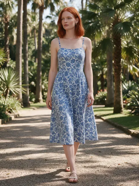 Floral sundress garden shot: AI-generated on-model image: a fictional model in a floral sundress in a botanical garden