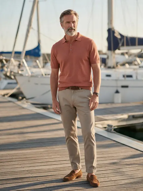 Knit polo marina full body: AI-generated on-model image: a fictional model in a knit polo and chinos at a marina