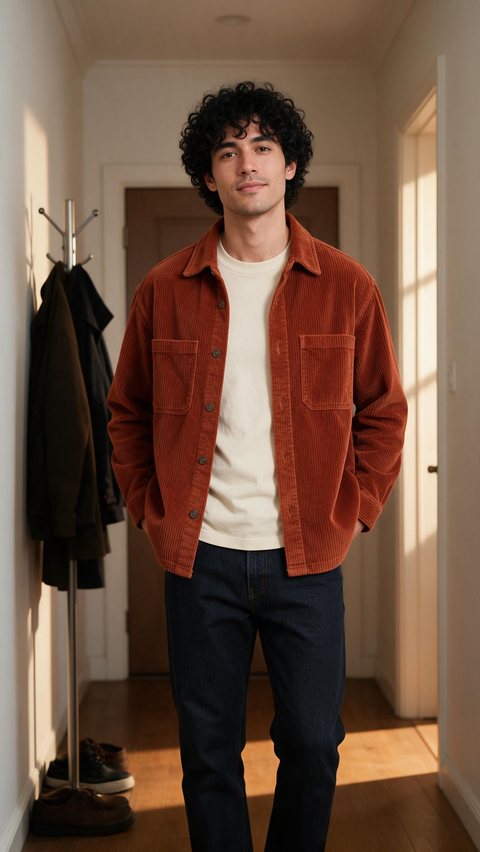 Corduroy shacket try-on: AI-generated try-on clip: a fictional creator shows a rust corduroy shacket in a mirror