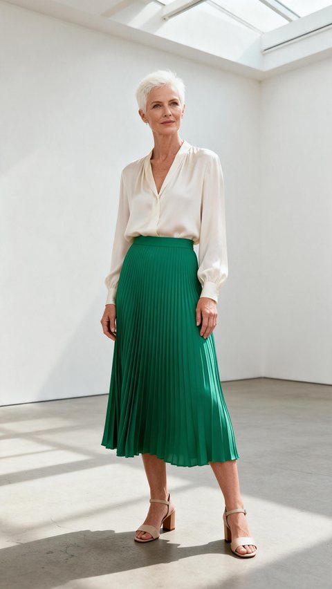 Pleated midi skirt editorial: AI-generated editorial try-on: a fictional model in a pleated midi skirt in a gallery