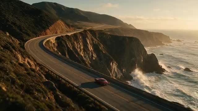 Looping clip: a red car driving along a coastal cliff road at golden hour