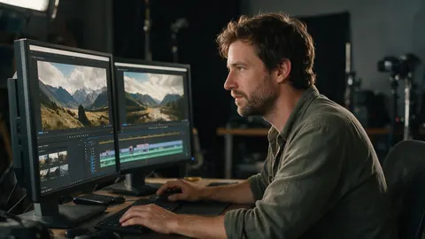 A filmmaker editing landscape footage on two monitors