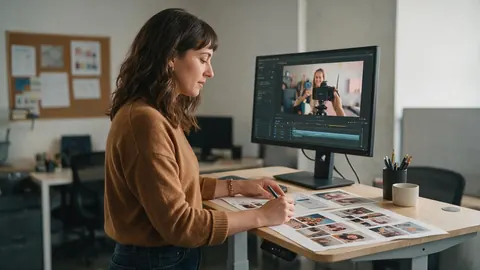 A marketer planning a product video with mood board prints