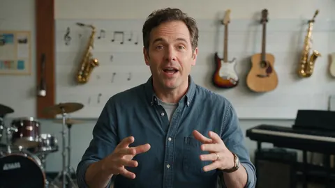 A music teacher in a classroom with instruments on the wall
