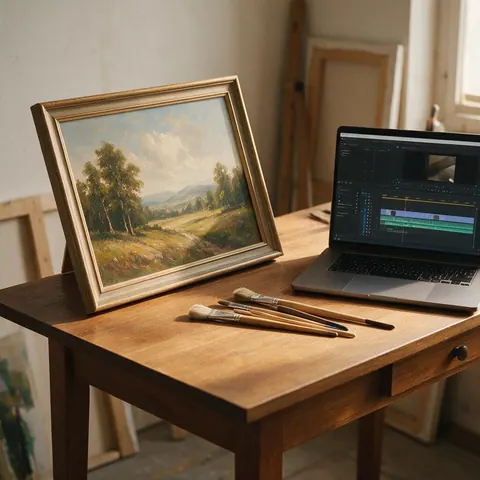 Artist's desk with a painting and a laptop video timeline