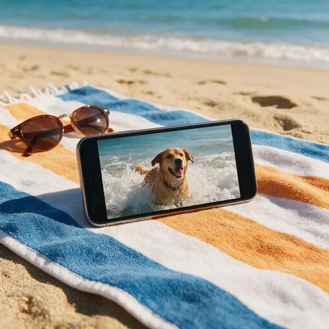 Phone on a beach towel playing a dog video