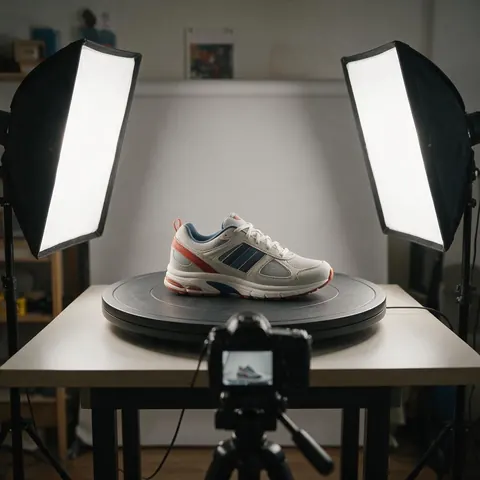 Sneaker on a turntable in a small home studio