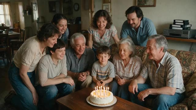 Looping retro living room clip: relatives gather as birthday candles flicker