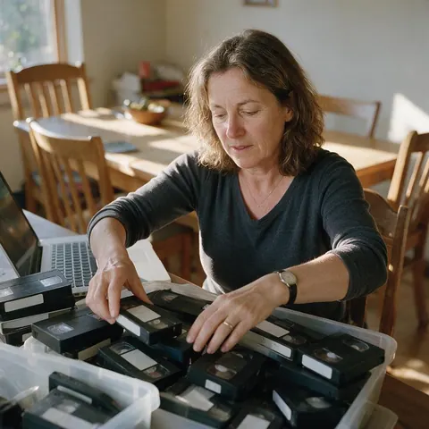 Woman sorting old video tapes beside a laptop