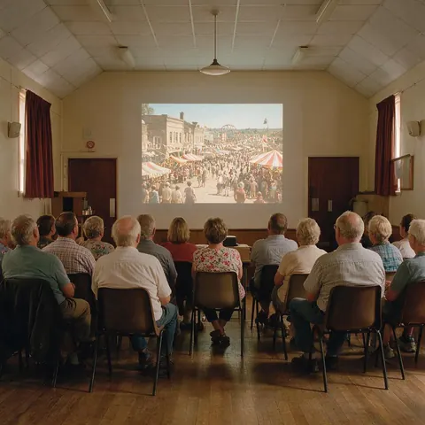 Community hall audience watching a projected vintage town fair