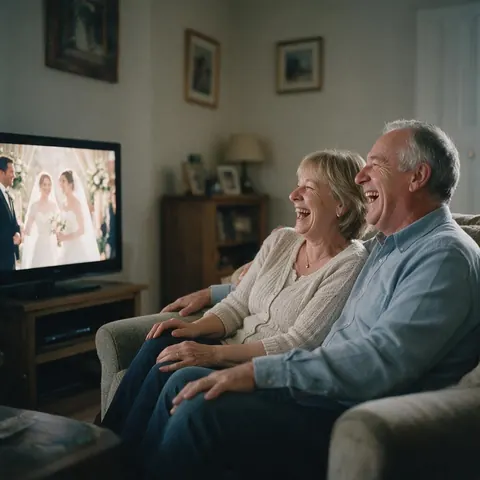 Older couple laughing while watching their wedding video