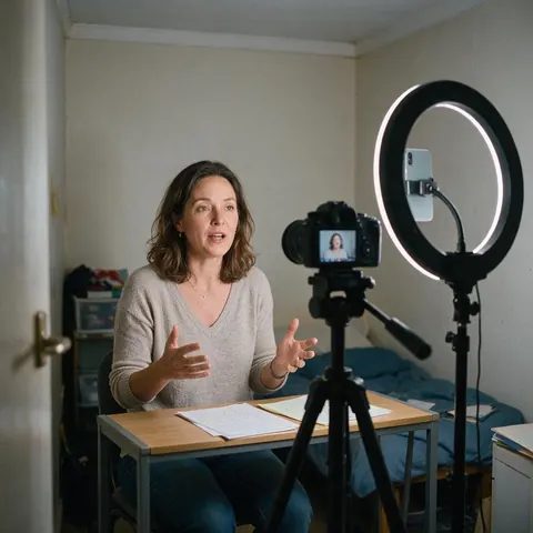 Course creator recording a lesson in a spare room