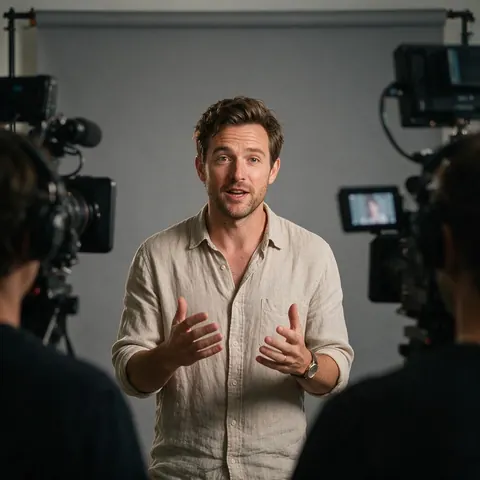 Presenter speaking to a crew in front of a plain grey backdrop