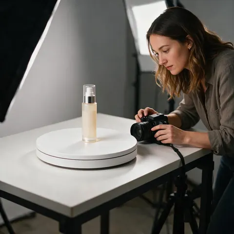 Marketer adjusting a camera beside a product on a turntable