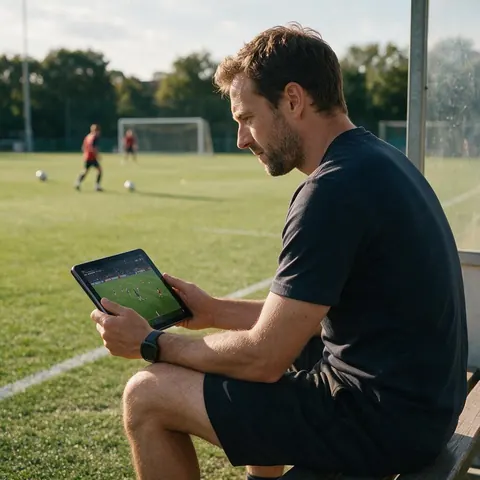 Coach reviewing a match video on a tablet by the pitch