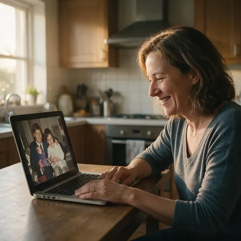 Woman watching an old family video on a laptop