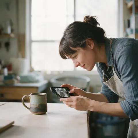 Woman filming a ceramic mug on a table with her phone