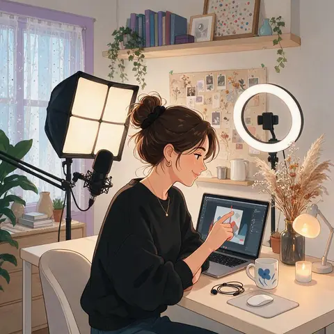 Anime-style creator reviewing a clip on a laptop under a ring light