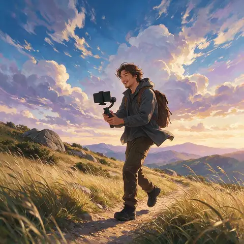 Anime-style vlogger filming on a windy hillside path
