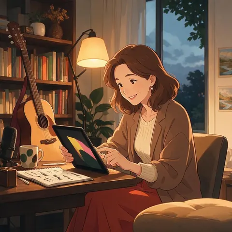 Anime-style teacher editing a video on a tablet at home
