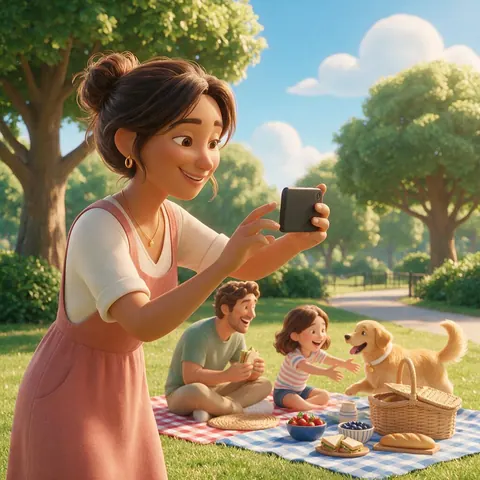 3D animated style parent filming a family picnic