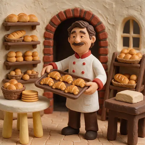 Claymation style baker holding a tray of croissants