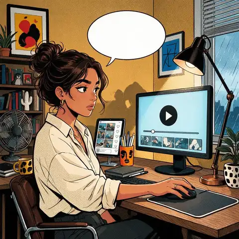 Comic book style social media manager reviewing a clip