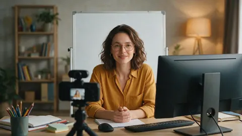 An online teacher recording a lesson at her desk