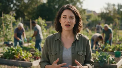 A coordinator speaking to camera in a community garden