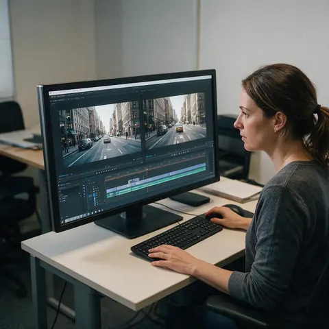Video editor comparing two versions of a street video on a monitor