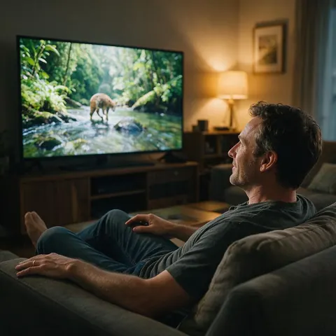 Man watching a crisp nature video on a large TV at home