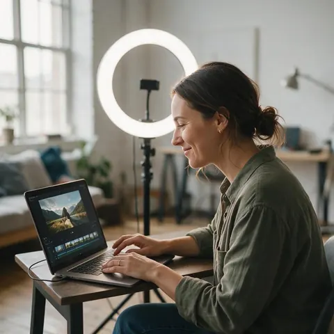 Creator reviewing a short landscape clip on a laptop