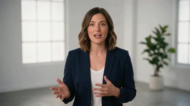 Presenter talking to camera in a bright studio