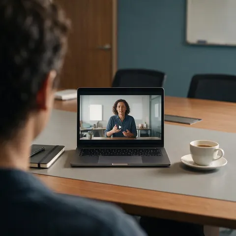 Laptop playing a presenter-led onboarding video in a meeting room