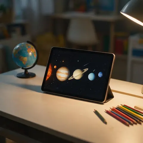 Tablet showing a video lesson about planets on a desk
