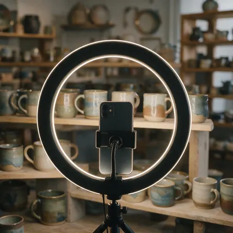 Phone on a tripod filming handmade mugs in a ceramics shop