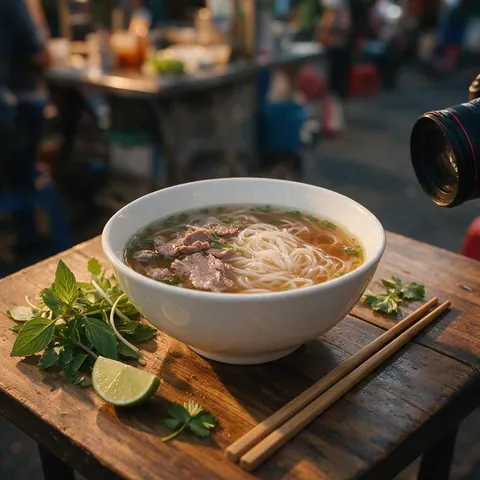 Close-up of a bowl of pho with herbs and lime beside a camera lens