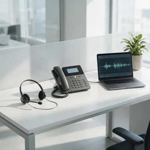 Support desk with a headset, desk phone and laptop showing an audio waveform