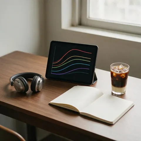 Headphones and a tablet showing six colourful pitch curves next to iced coffee