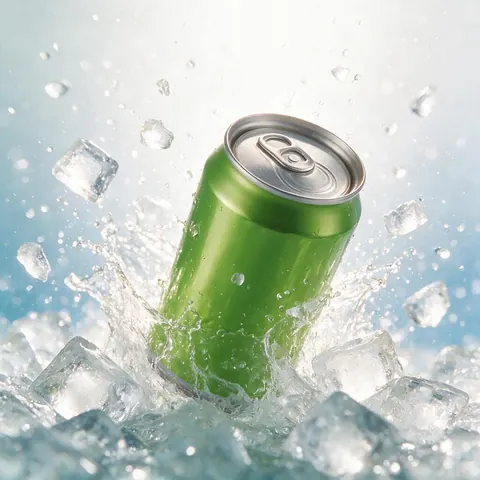 Soda can bursting through water in a vertical ad frame