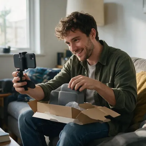 Creator unboxing a speaker on a sofa