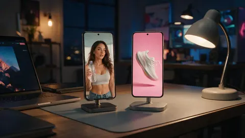 Two phones showing a creator clip and a product spin on a night desk