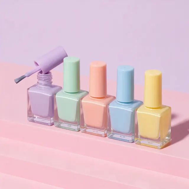 Pastel nail polish listing: AI-generated marketplace image: a row of pastel nail polish bottles on a soft backdrop