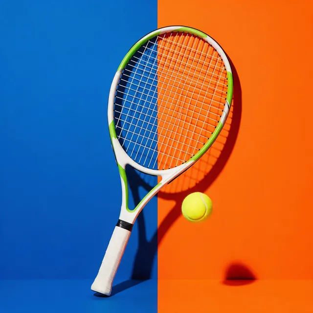 Tennis racket color pop shot: AI-generated product shot: a tennis racket and ball on a bold split-colour set