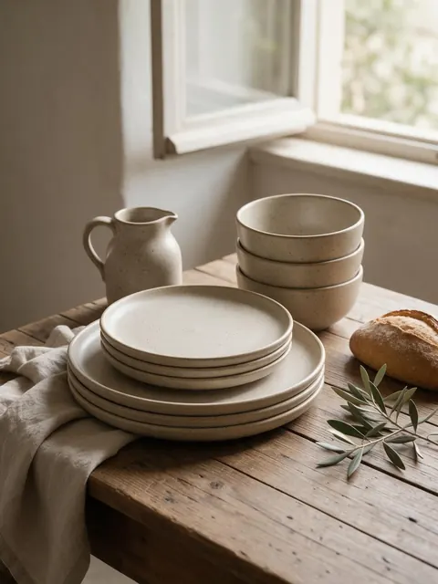 Stoneware dinner set natural: AI-generated natural product photo: a stoneware dinner set on a sunlit wooden table