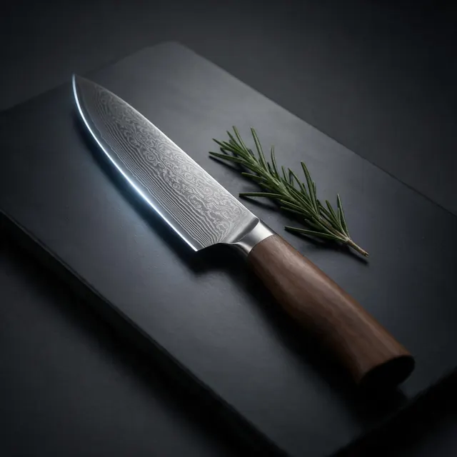 Chef's knife dark listing: AI-generated marketplace image: a chef's knife on dark slate with a single rim light