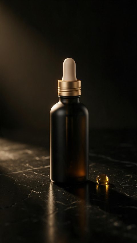 Face oil dark minimal ad: AI-generated dark minimal ad: a black glass face oil bottle catches one beam of light
